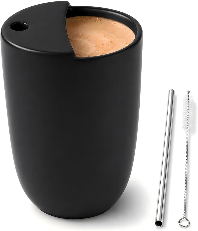 1 Pack Ceramic Coffee Mug with Sip Hole 9.5oz Retro Espresso Cup with Straw and