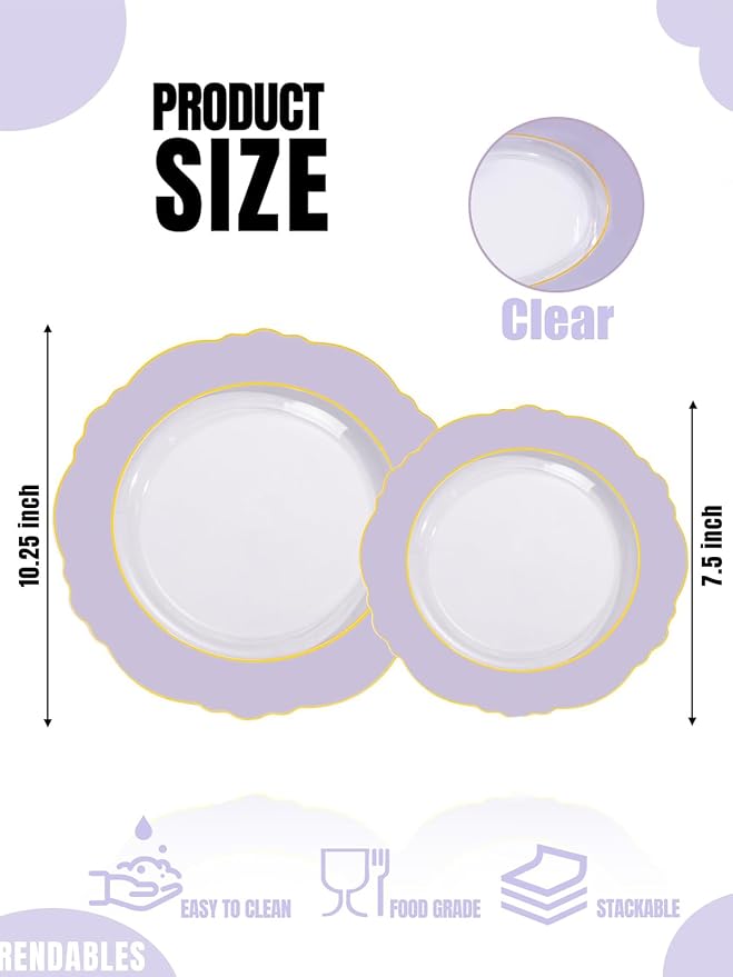 60pcs Clear Purple Plates Disposable