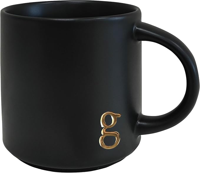 COLLECTIVE HOME Black Ceramic Coffee Mug, 15 oz Golden Monogram Tea Cup |
