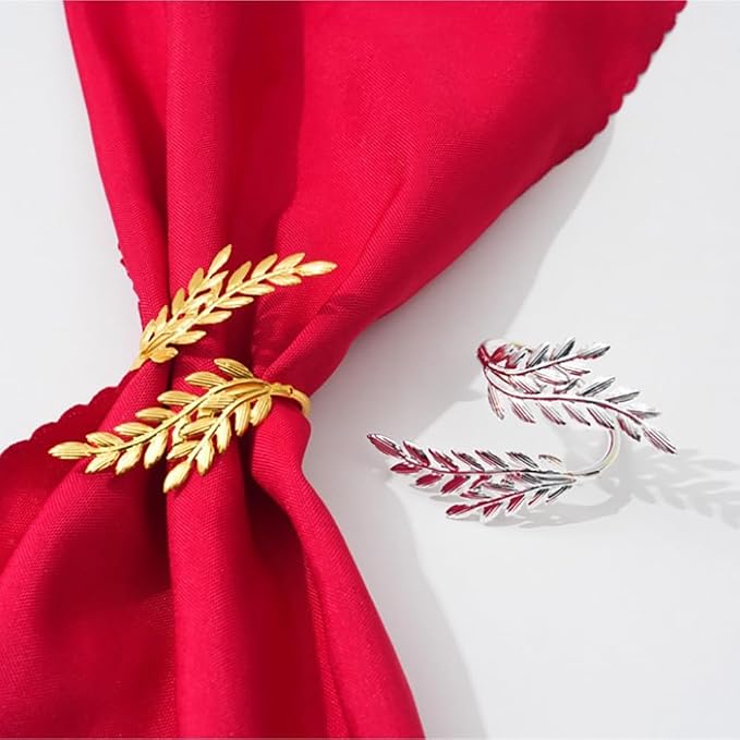 14K Gold Napkin Rings Set of 12, Metal Gold Leaf Napkins Rings Holder Buckles