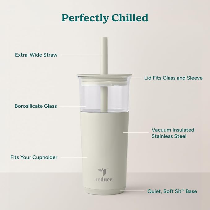 REDUCE Aspen - 20oz Vacuum Insulated Glass Tumbler - Extra Wide Straw & Lid |