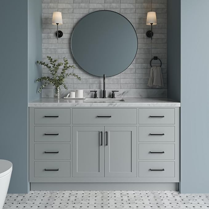 61" Grey Bathroom Vanity, 1.5" Edge Italian Carrara Marble Countertop