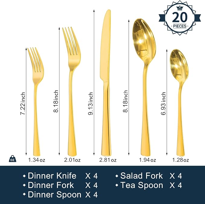18/10 Flatware set for 4, 20 Piece Gold Stainless Steel Silverware Set |