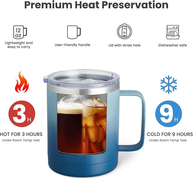 MEWAY 12oz Coffee Mug With Handle and Sliding Lid, Stainless Steel Travel
