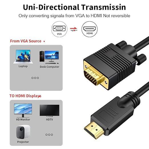 VGA to HDMI Cable 3ft with Audio, VGA to HDMI Converter Adapter Cable