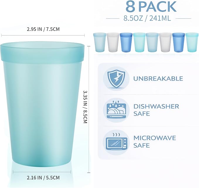 Blwan 8-Pack Small 8.5oz Plastic Cups, BPA-Free Reusable Juice Cups, Microwave