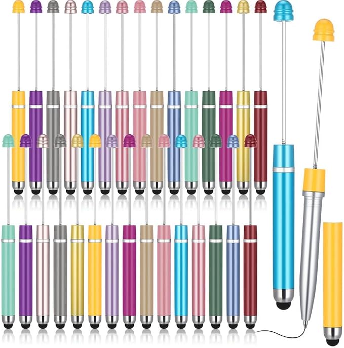 Qilery 30 Pcs Beaded Pens with Stylus Tips Plastic Beaded DIY Stylus 2-in-1