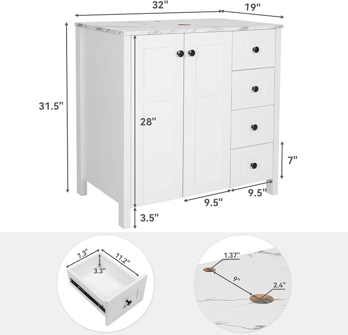 32" White Bathroom Vanity with Marble Texture Top and 4 Drawers