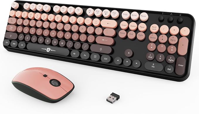 Wireless Keyboard and Mouse Combo, 104 Round Keys Cute Colorful Keyboard and