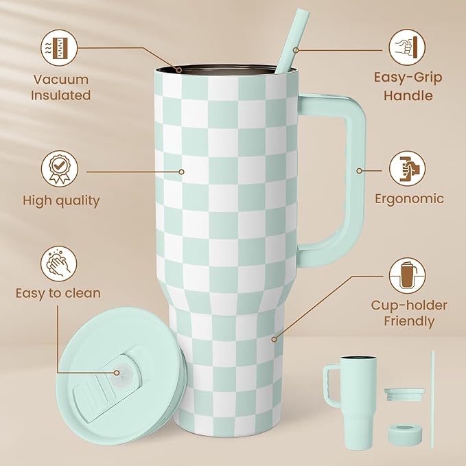 Checkered Tumbler with Handle 40oz, Mint Checker Cup Stainless Steel Insulated