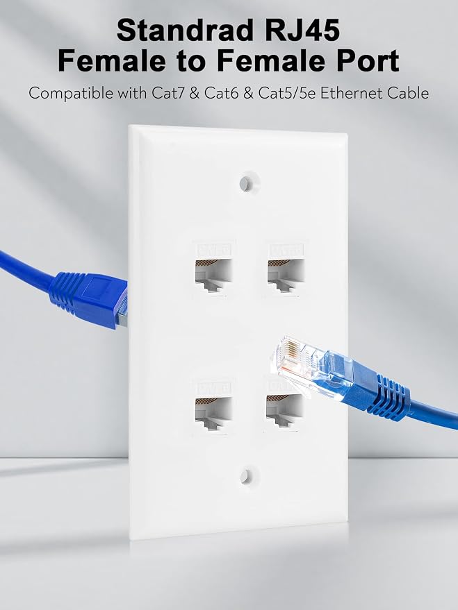 Ethernet Wall Plate, 4 Port Cat6 RJ45 Keystone Inline Coupler Wall Plate