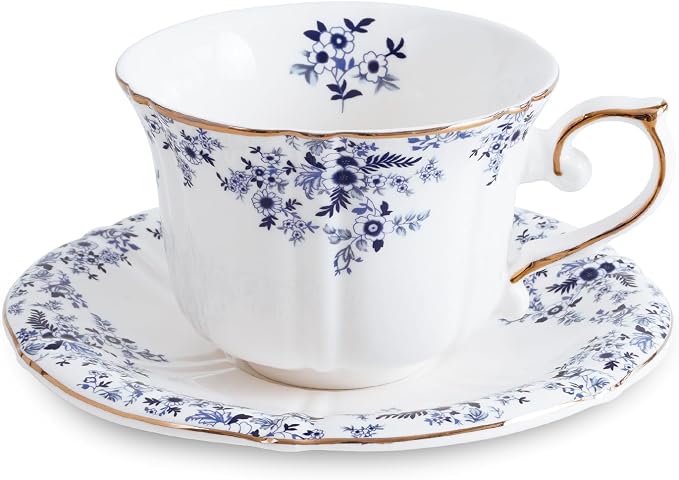 Ceramic Floral Cups with Saucers，7 oz Espresso Cups