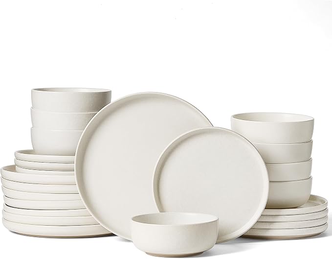 Famiware Milkyway 24-Piece Stoneware Dinnerware Set, Matte Beige White | Plates