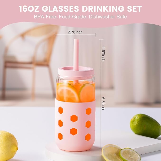 Mrsdry 16 oz Glass Cups with Lids and Straws