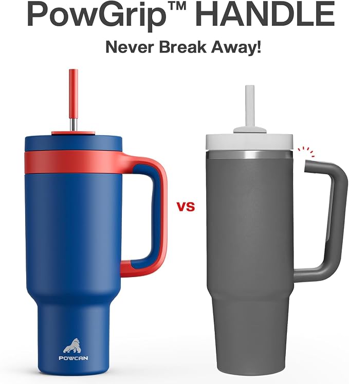 POWCAN 40 oz Tumbler with Handle, 2-in-1 Metal Straw and Sip Lid, Dishwasher