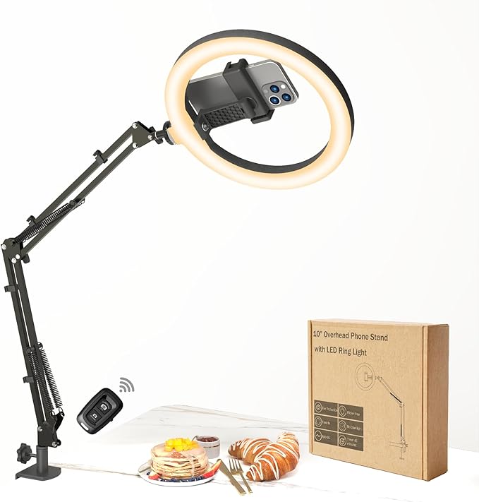 10" LED Ring Light with Overhead Phone Stand, CRI≥95 1200lm Dimmable Lighting