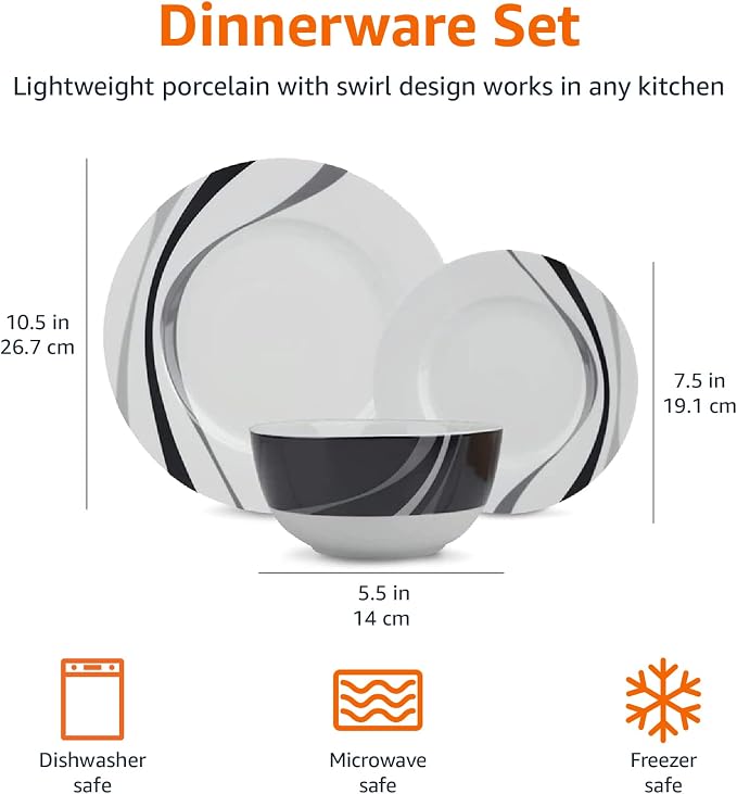 Amazon Basics 18-Piece Complete Kitchen Dinnerware Set, Microwave and