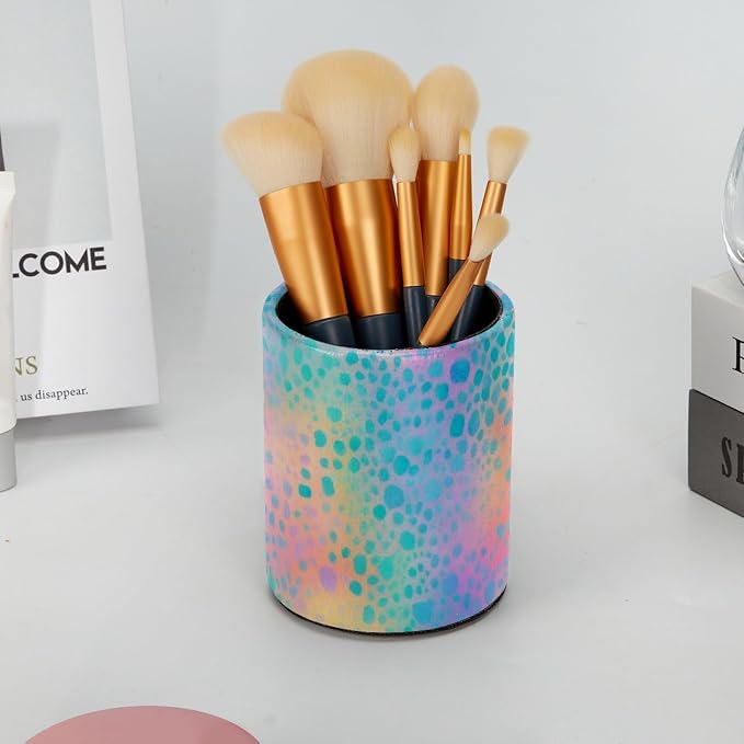 Leather Pen Holder for Desk, Leopard Print Pencil Cup Pen Organizer Makeup