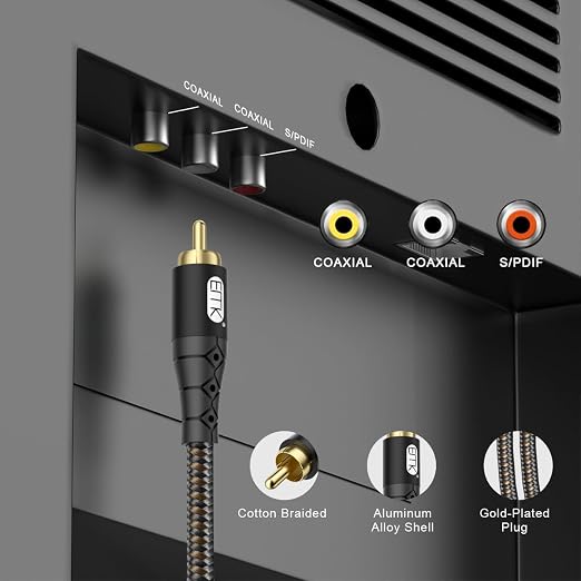 EMK RCA to RCA Subwoofer Cable – 24K Gold-Plated Connector Nylon Braided Double