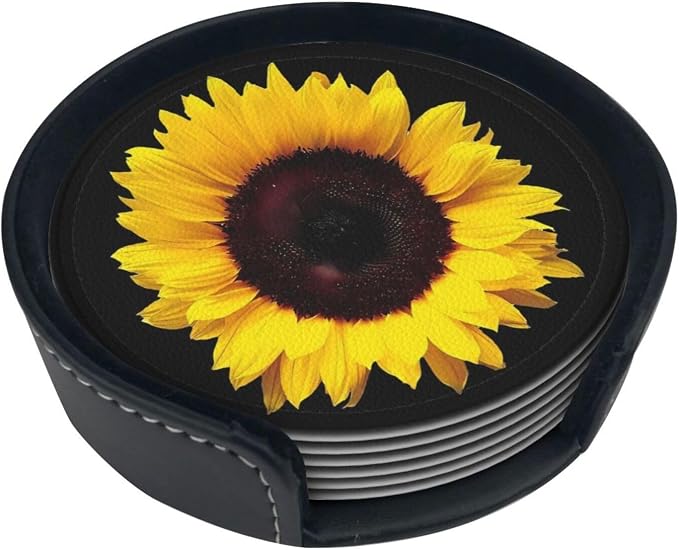 6 Pcs Black Farmhouse Blossom Sunflower Leather Coasters
