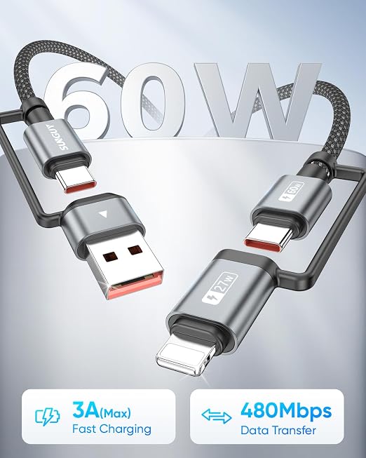 SUNGUY 4 in 1 Charging Cable 6FT, 60W Multi Charging Cable, USB-C/A to