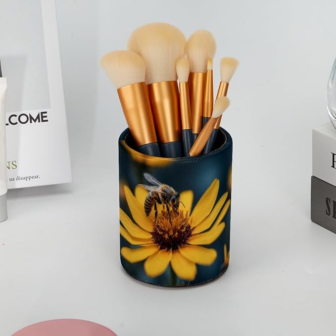 Leather Pen Holder for Desk, Honeybee Pencil Cup Pen Organizer Makeup Brush