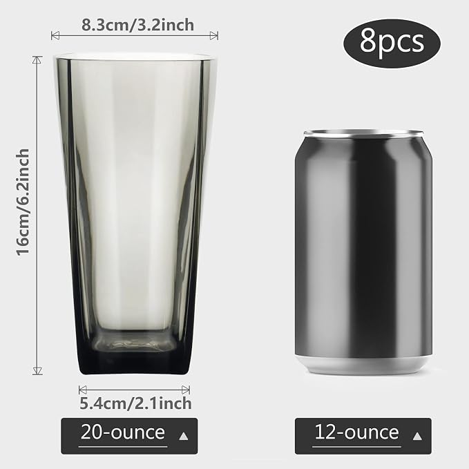 Goldmeet Black Glass Cups Set of 8, 20oz Shatterproof Square Tumblers | BPA-Free
