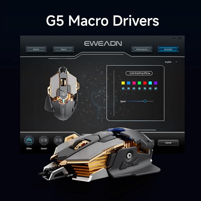 EWEADN G5 Wired Gaming Mouse, Ergonomic RGB Computer Mouse, 12800 Adjustable DPI