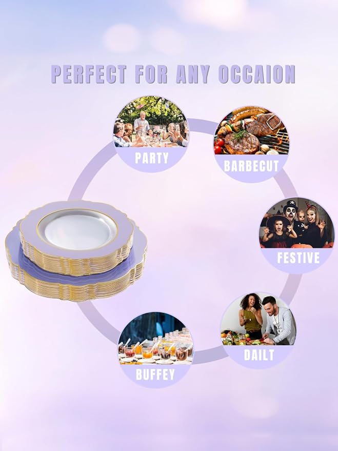 60pcs Clear Purple Plates Disposable