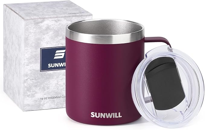 SUNWILL Travel Coffee Mug with Lid, Insulated Tumbler with Handle, 14 oz