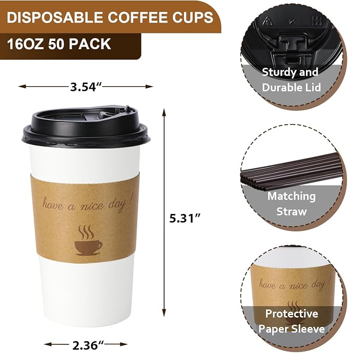 BYSNOW 16 oz 50 pack Disposable Coffee Cups