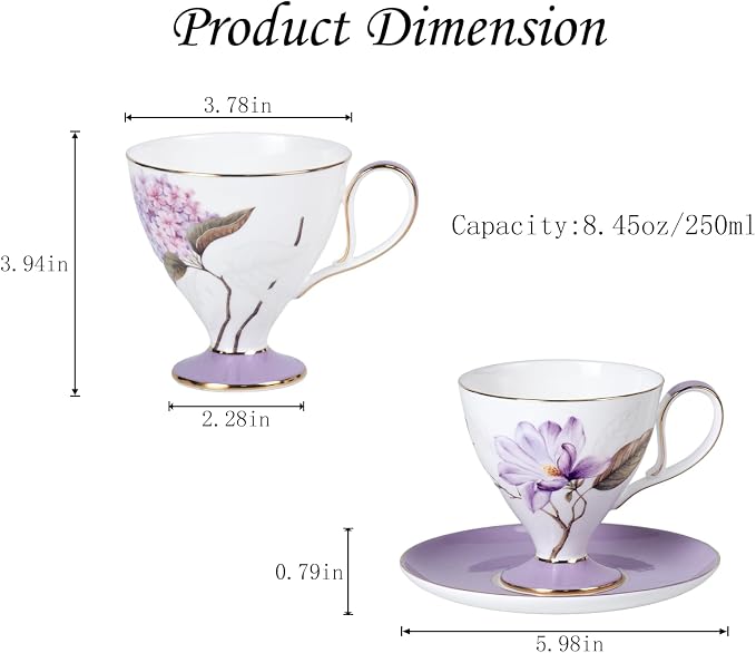 KAMMAK Tea Cups Set of 2, Ceramic Floral Pattern Demitasse Cup | Porcelain