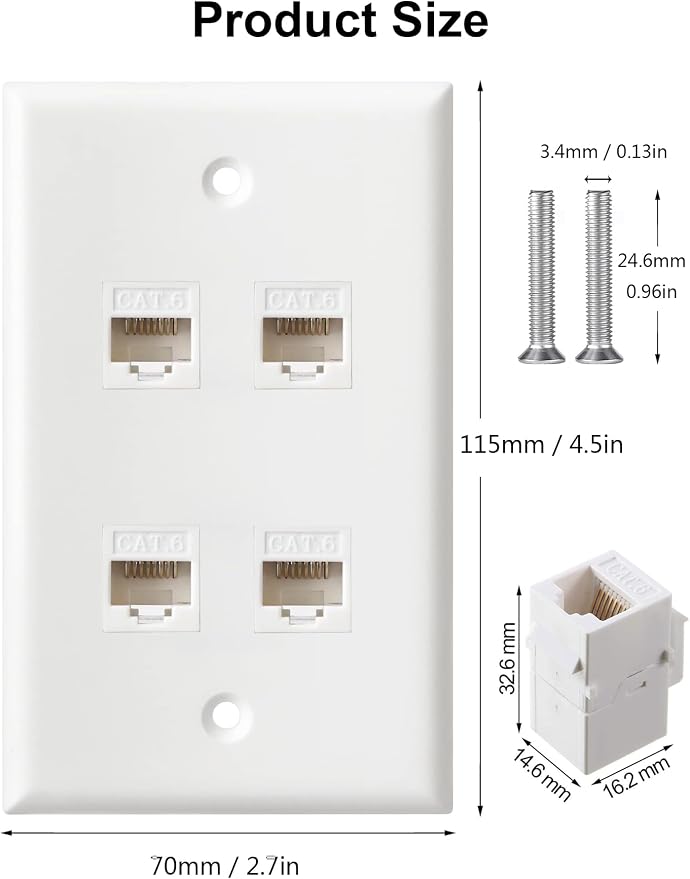 Ethernet Wall Plate, 4 Port Cat6 RJ45 Keystone Inline Coupler Wall Plate