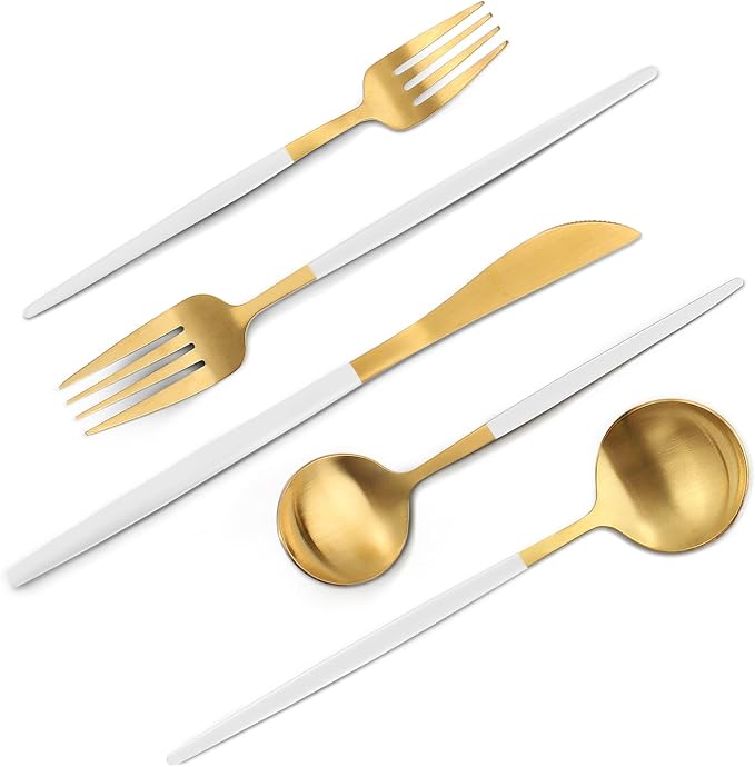 VANVRO Matte White Gold Silverware Set, 20-Piece Stainless Steel Flatware Set