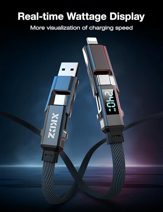 4 in 1 USB C Cable with Wattage Display, 240W Flat Nylon Braided Multi Charge