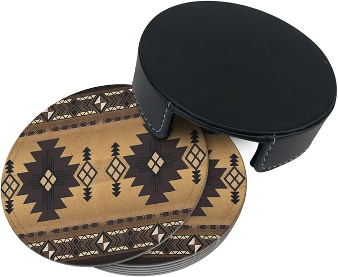 6 Pcs Brown Western Southwest Modern Geometric Abstract Art Leather Coasters