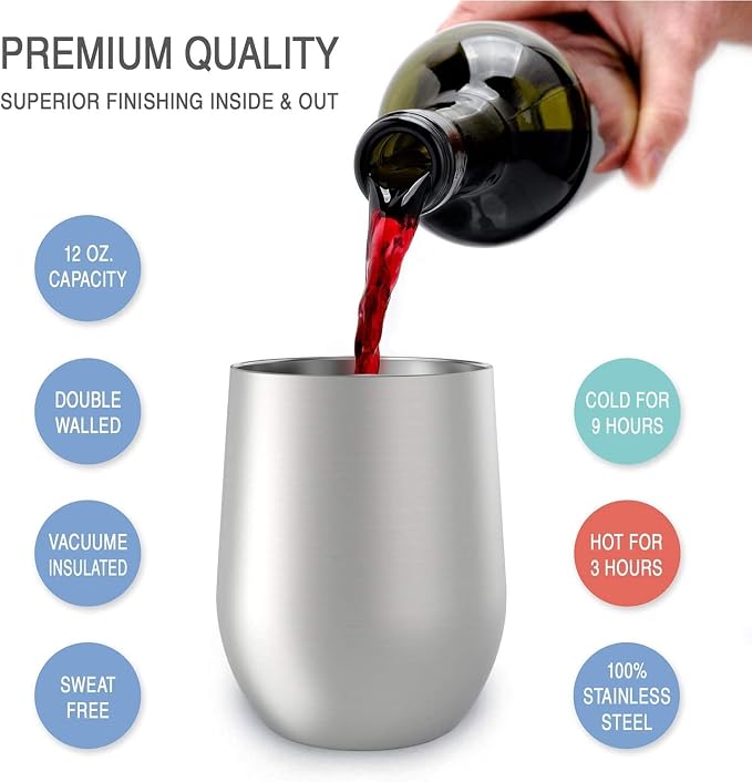 CHILLOUT LIFE 12 oz Stainless Steel Wine Tumblers 2 Pack & 1 Insulated Wine