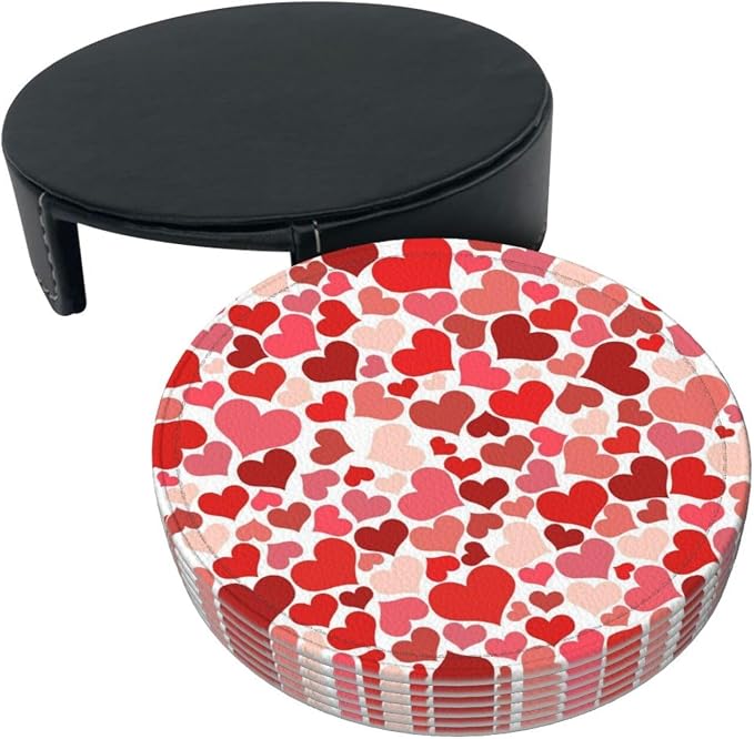 Drink Coasters with Holder Stand Set of 6, Heart Shaped Decoration Pu Leather