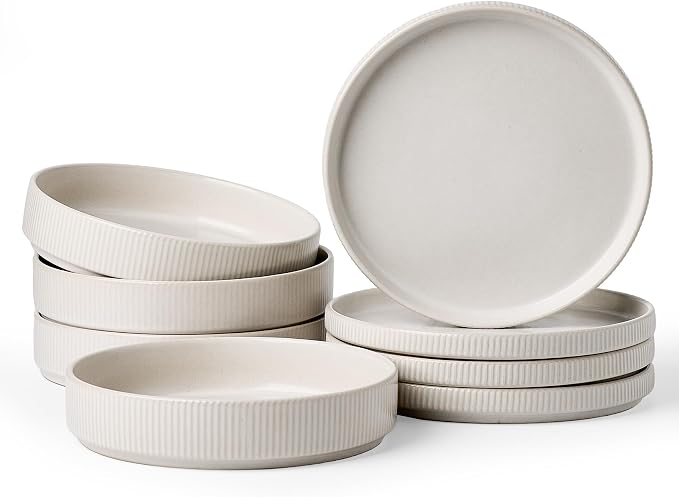 Stoneware Dinnerware Set for 4, 8-Piece Wide Pasta Bowls and Salad Plates |
