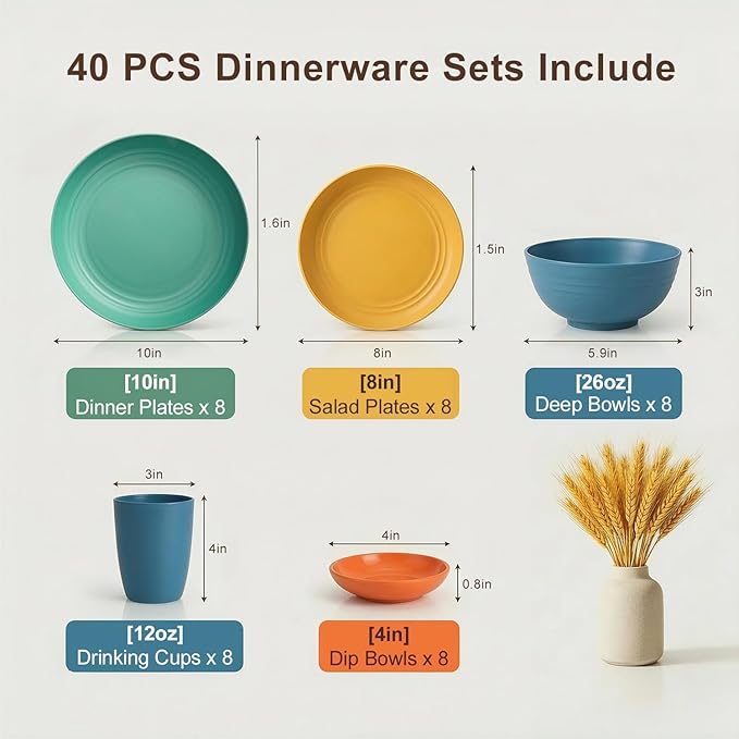 Wheat Straw Dinnerware Sets 40 Piece, Kitchen Plates and Bowls Set, Unbreakable