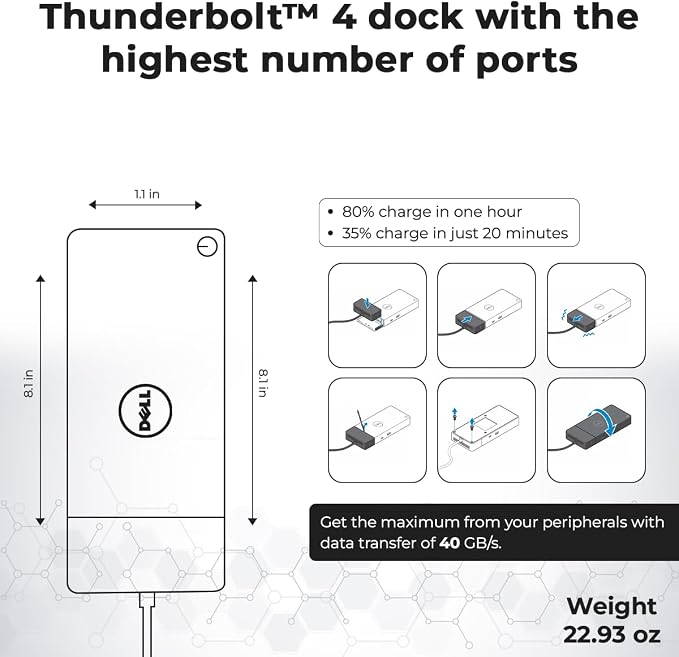 WD22TB4 Dell Docking Station Thunderbolt 4 Dock, 180W AC Adapter, HDMI Cable