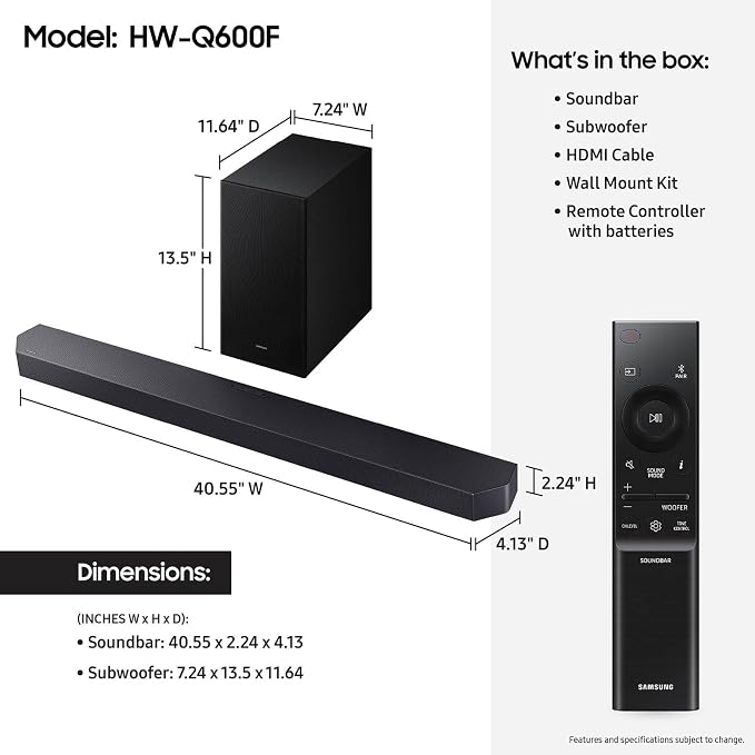 Samsung Q-Series Soundbar HW Q600F 3.1.2 ch Subwoofer SpaceFit Sound Pro