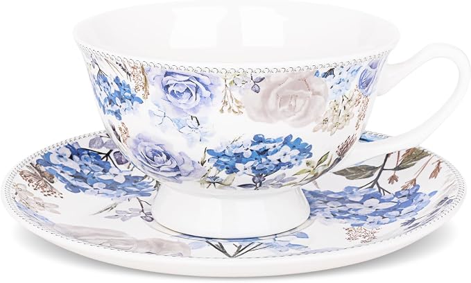 fanquare 6 oz Blue Rose and Hydrangea Porcelain Tea Cup and Saucer Set |