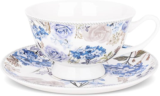 fanquare 6 oz Blue Rose and Hydrangea Porcelain Tea Cup and Saucer Set |