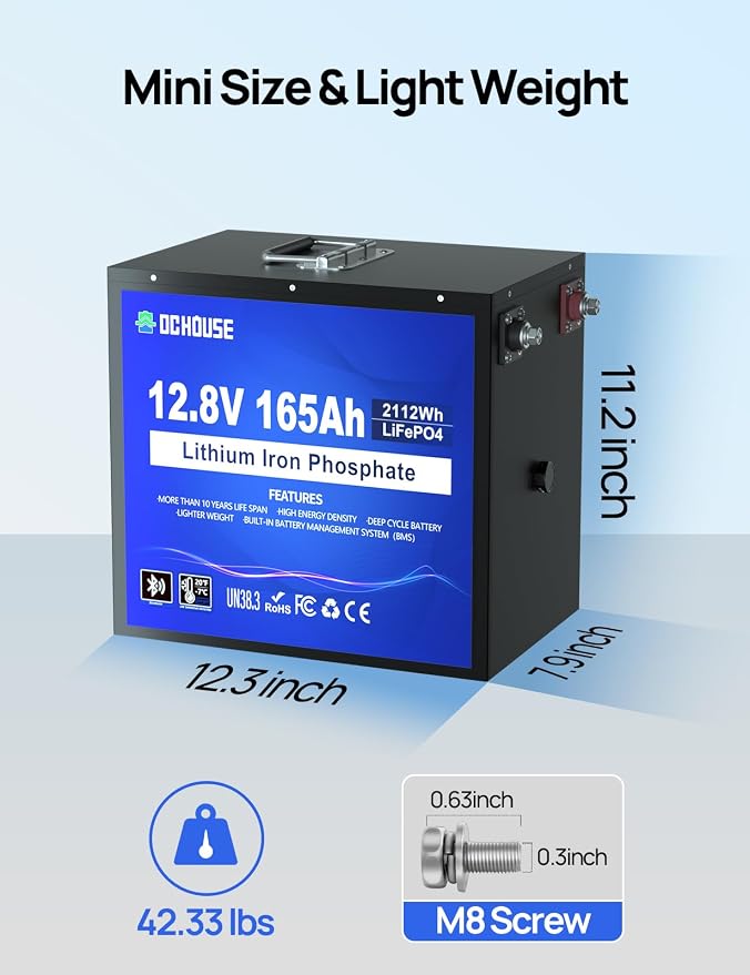 DC HOUSE 12V 165Ah LiFePO4 Lithium Battery, Safer Metal Case, 12V Lithium