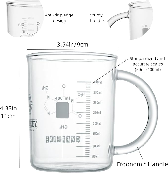 GLASKEY Caffeine Beaker Mug, 16 oz Anti-Dripping Borosilicate Caffeine Mug