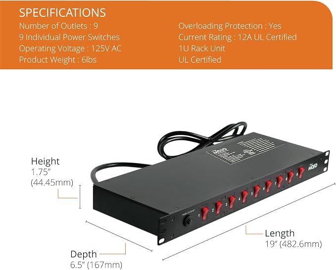 Tecmojo 9-Outlet Rack Mount Overloading Protection Circuit Breaker PDU Power