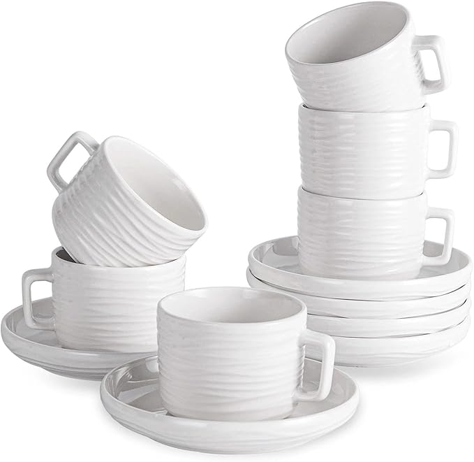 Tea Cups and Saucers Set, 8 OZ White Porcelain Coffee Cups | British Tea Set of