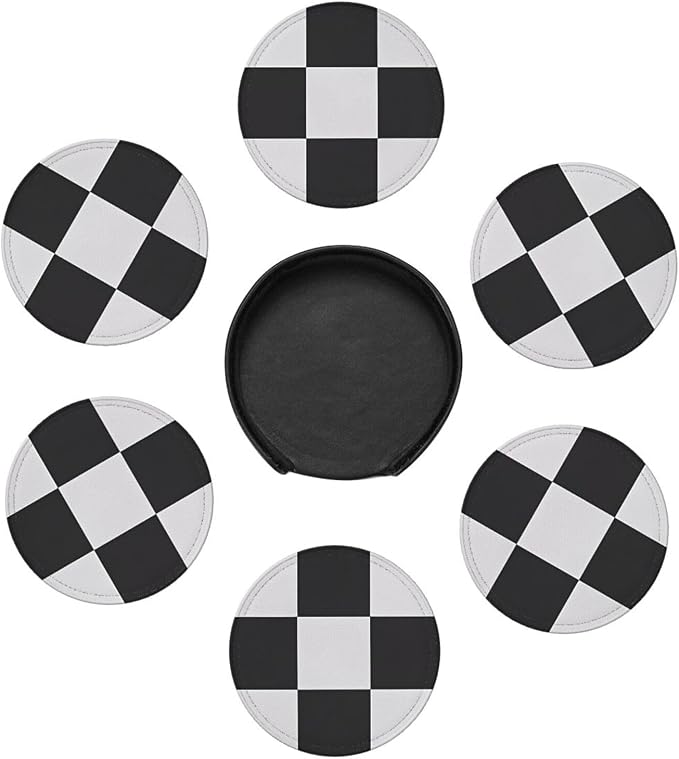 6 Pcs Black and White Checker Leather Coasters