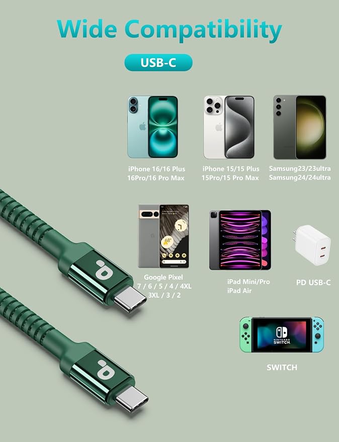 USB C Cable Fast Charging 10FT, iPhone 16 15 Charger Long Type C Nylon Braided